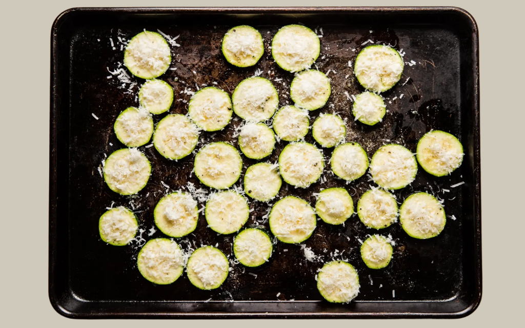 Sliced Zucchini in-tray for baking - Roasted Parmesan Zucchini
